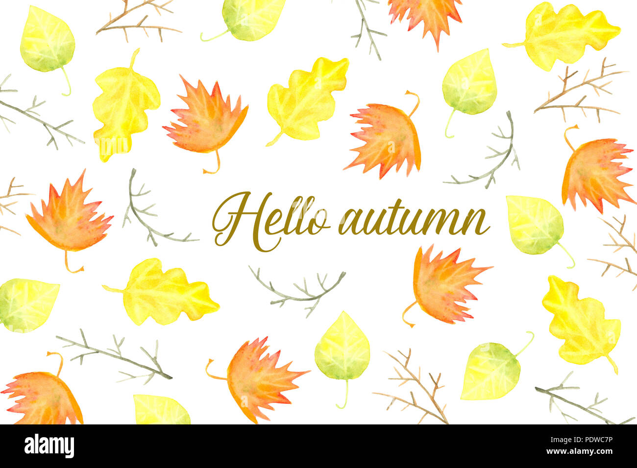 Hello autumn card decorated with watercolor autumn leaves and branches ...