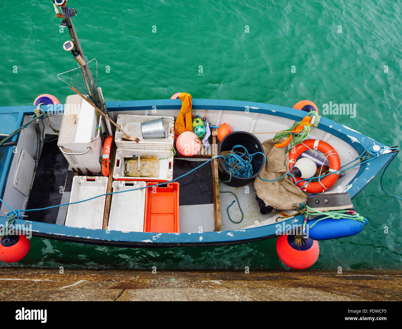 ST IVES, ENGLAND - JUNE 19: Fishing boat deck, from above, in St Ives harbour. In St Ives, England. On 19th June 2018. Stock Photo