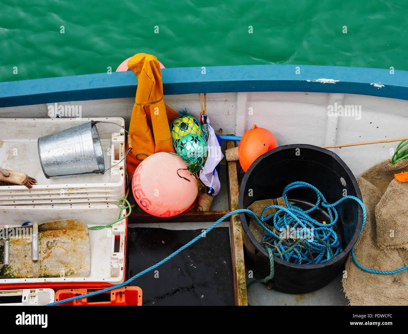 ST IVES, ENGLAND - JUNE 19: Detail of a fishing boat deck, from above, in St Ives harbour. In St Ives, England. On 19th June 2018. Stock Photo