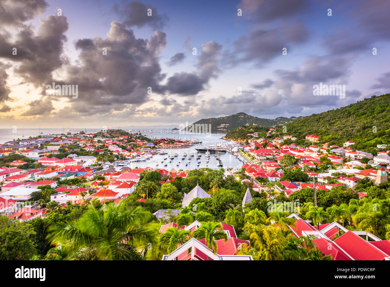 Gustavia, St. Barths town skyline in the Carribean at dusk. Stock Photo
