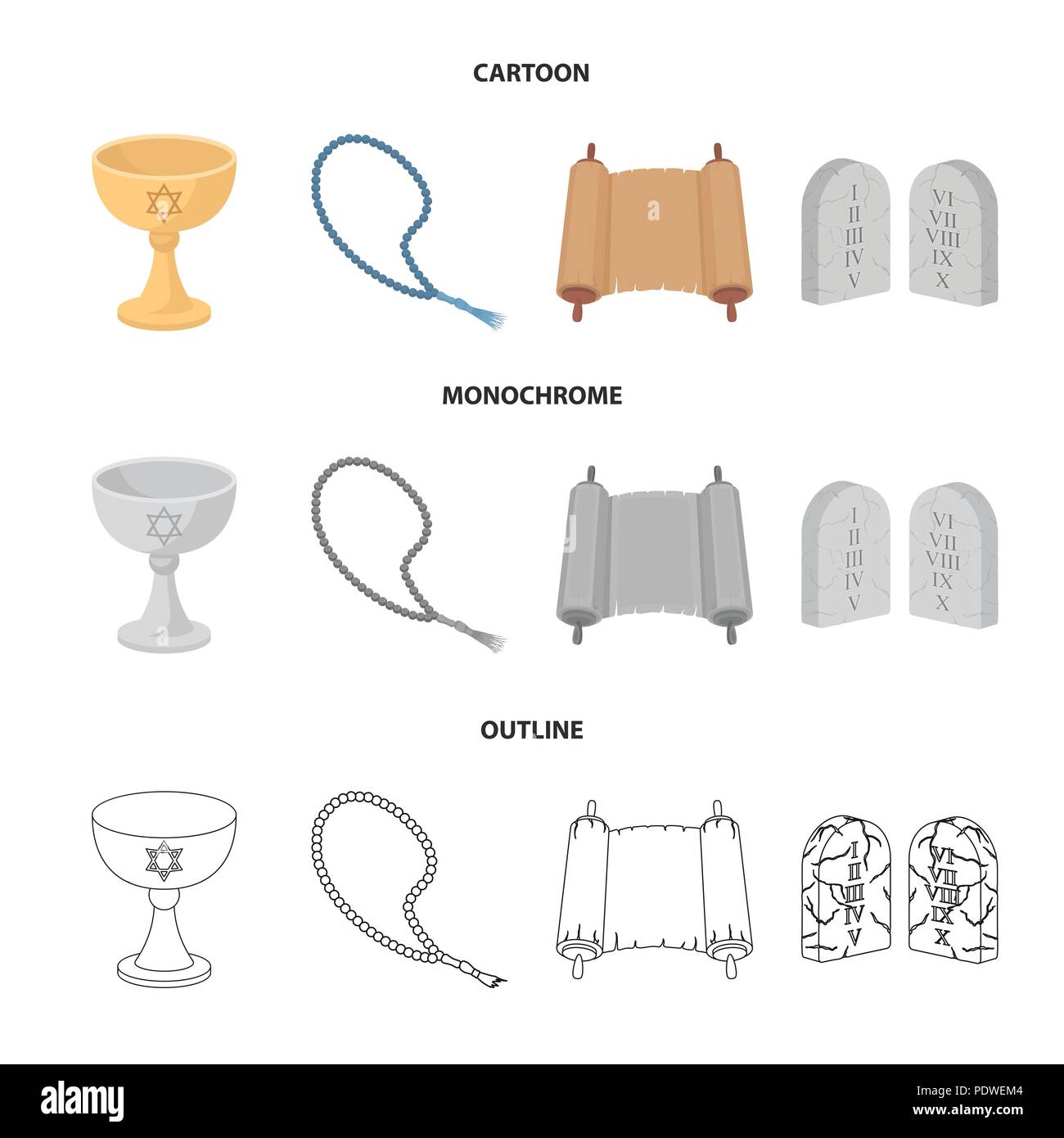 A cup of wine, Islamic beads, ten commandments, tanakh. Religion set ...