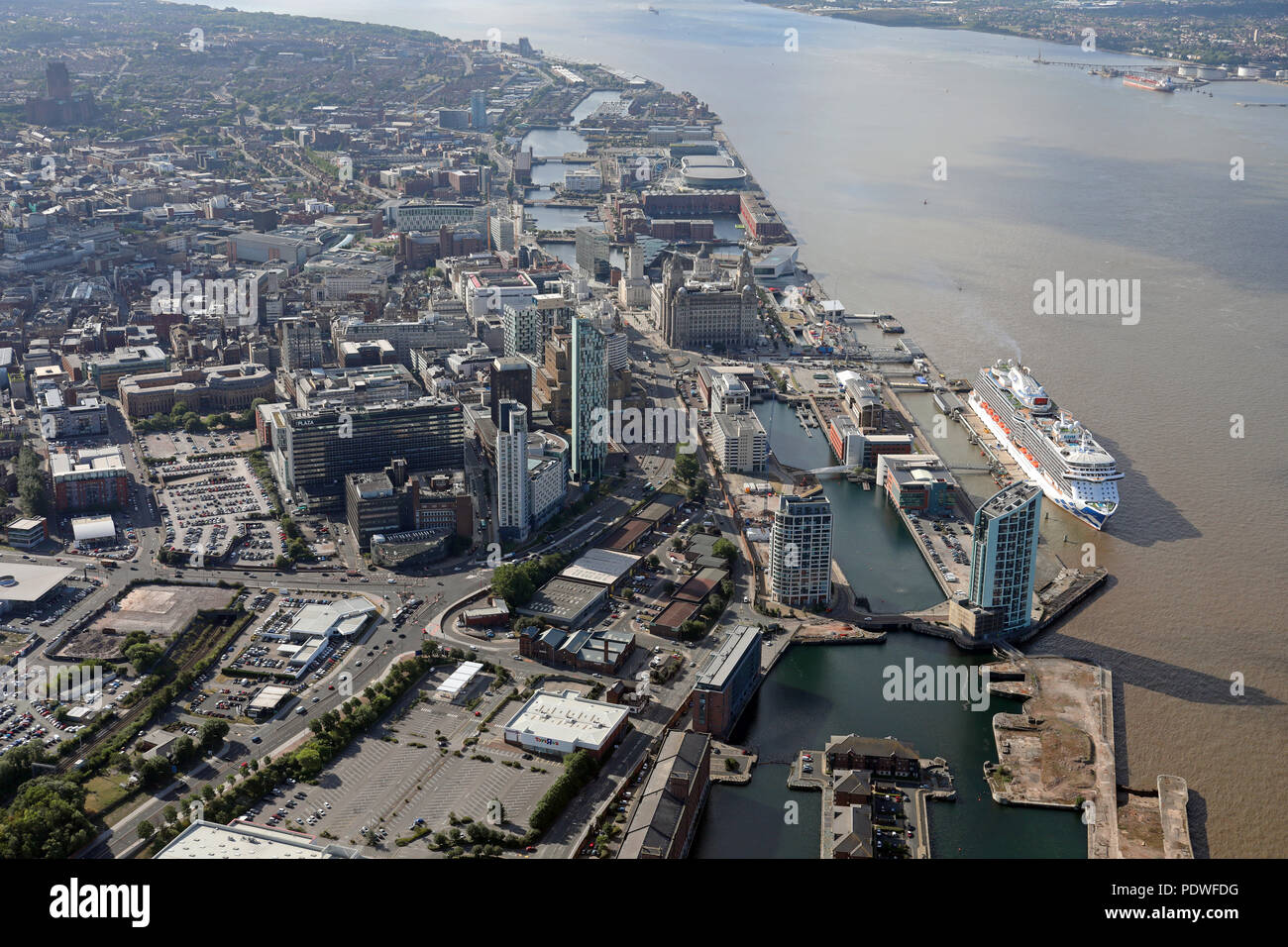 aerial view of the harbour front and Princes Dock, Liverpool, Merseyside, UK Stock Photo