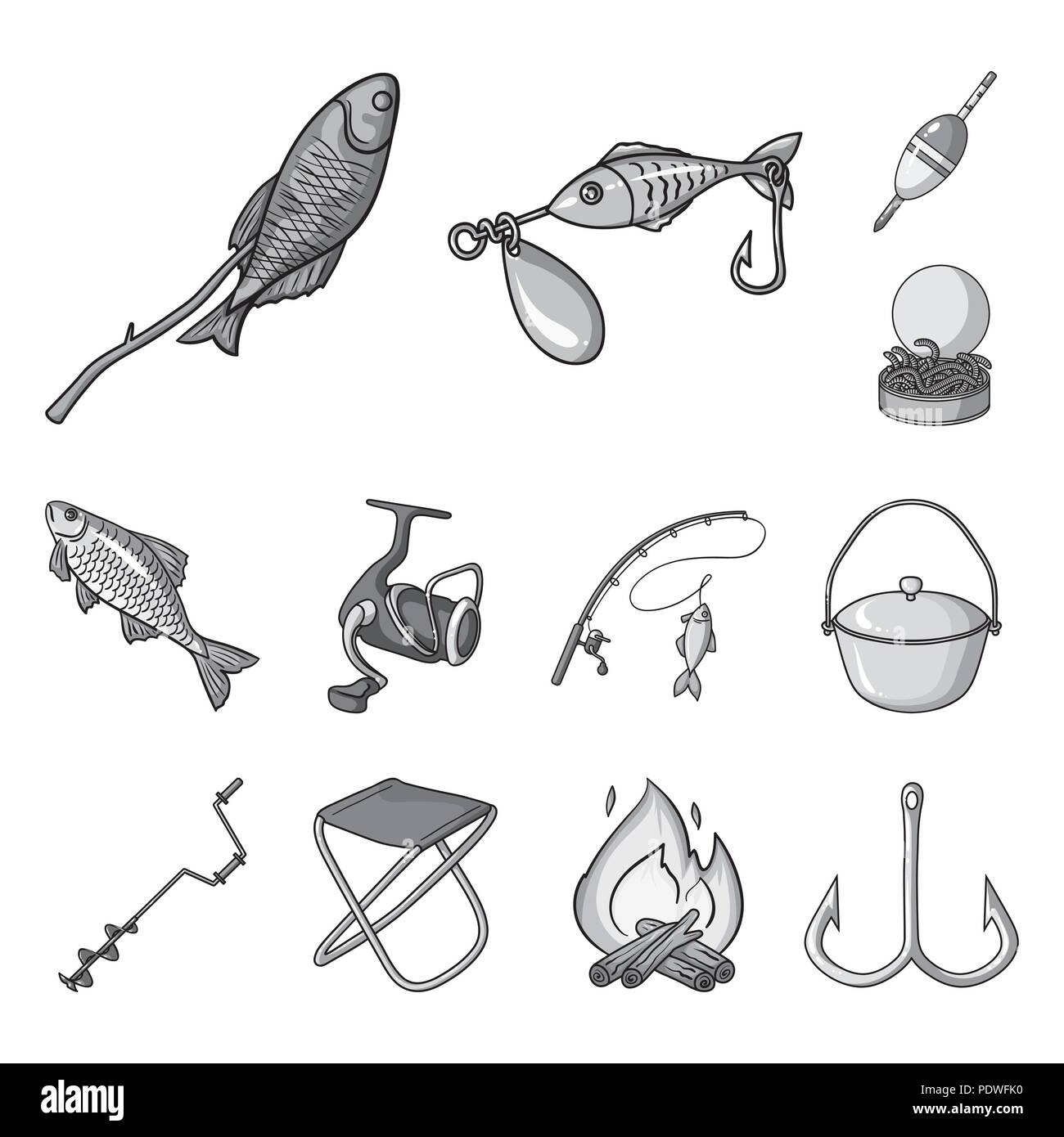 Fishing and rest monochrome icons in set collection for design. Tackle for fishing vector symbol stock  illustration. Stock Vector