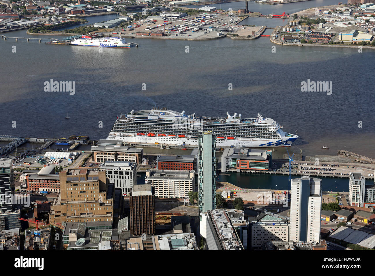 aerial view of the MS Royal Princess cruise liner at dock in Liverpool, UK Stock Photo