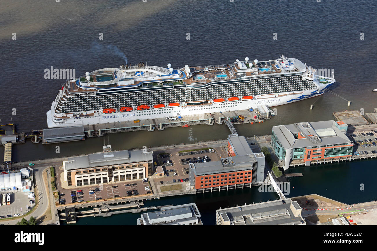 aerial view of the MS Royal Princess cruise liner at dock in Liverpool, UK Stock Photo