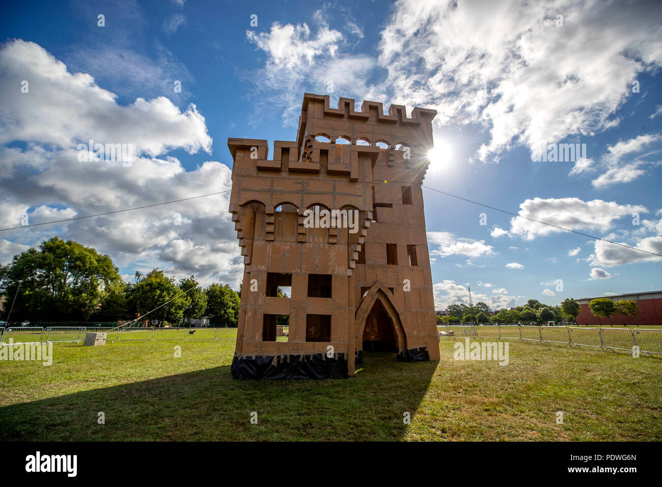 A cardboard recreation of Miller's Castle, which stood in Bootle in the early 19th century, goes on display in North Park, Bootle, Sefton. As part of French artist Olivier Grossetete's Lost Castles art project, six ornate structures have been built around the Liverpool city region using nothing more than cardboard boxes and copious amounts of sticky tape. Stock Photo