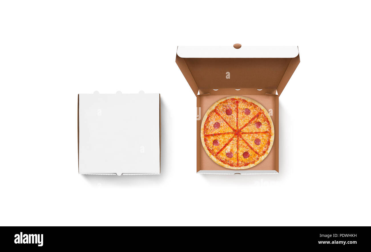 Blank white opened and closed pizza box mockup set, isolated. Carton packaging food box with tasty pizza mockup. Cardboard meal box template, top view. Stock Photo