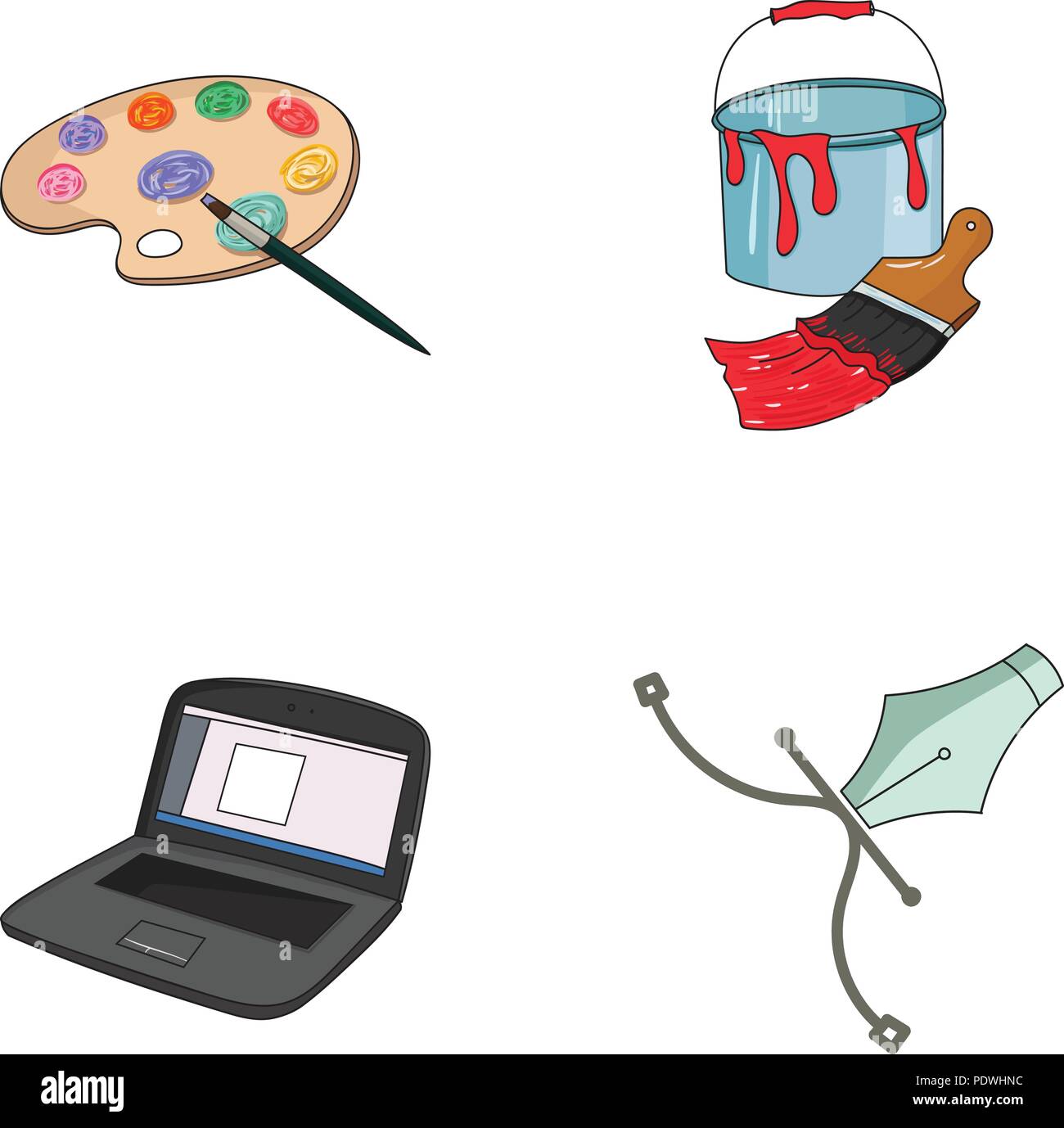 A palette with a brush, a bucket with a paint brush, a computer, a tool, a  pen.Artist and drawing set collection icons in cartoon style vector symbol  Stock Vector Image & Art -