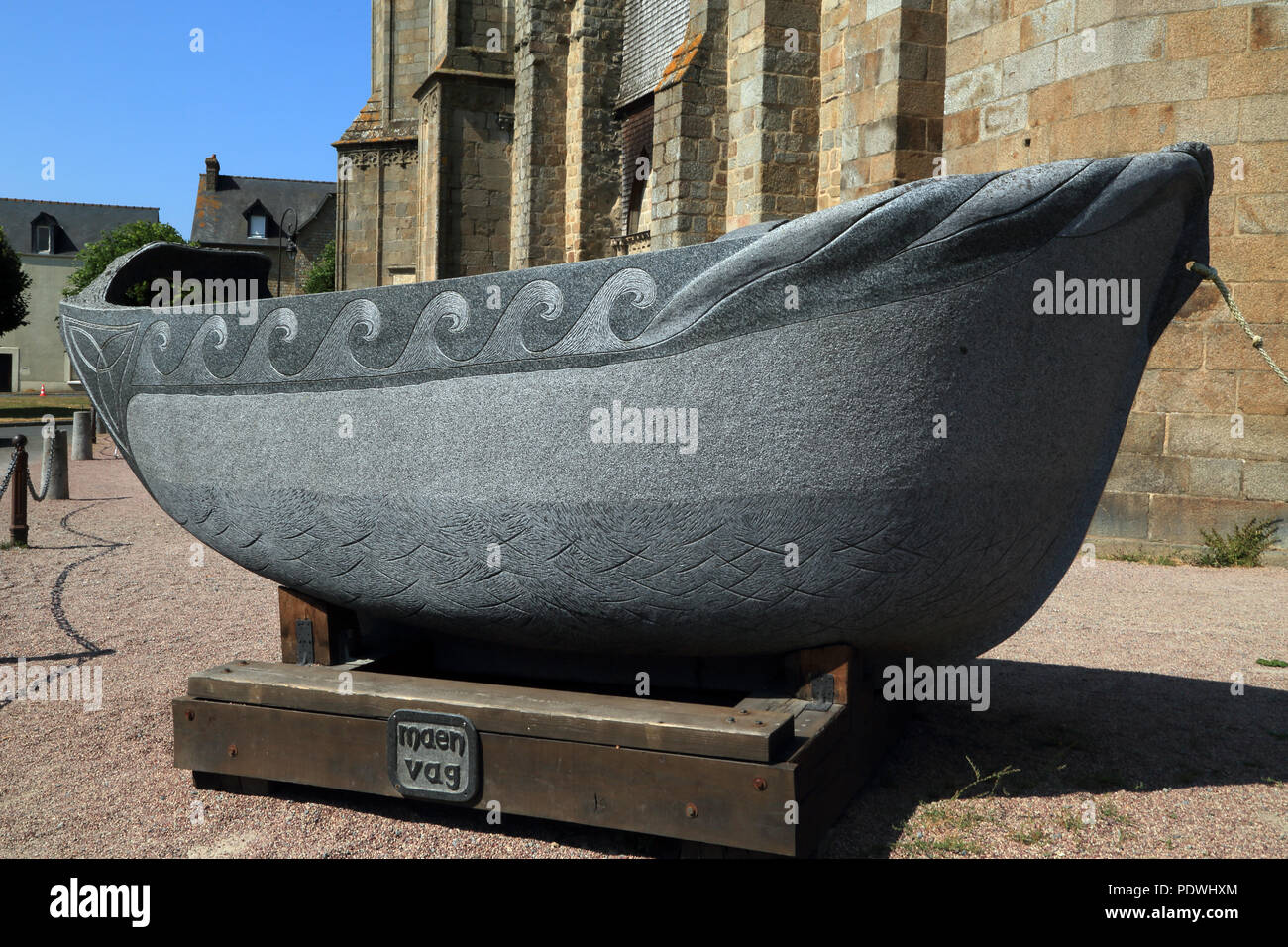 Stone boat of Saint Samson outside Cathedral in Place de la cathedrale, Dol de Bretagne, Ille et Vilaine, Brittany, France Stock Photo