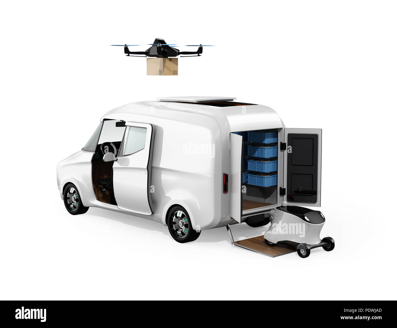 Rear view of delivery drone, robot and van on studio background. Last one  mile concept. 3D rendering image Stock Photo - Alamy