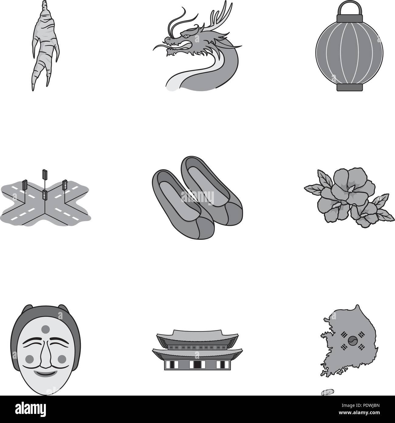South Korea set icons in monochrome style. Big collection of South ...