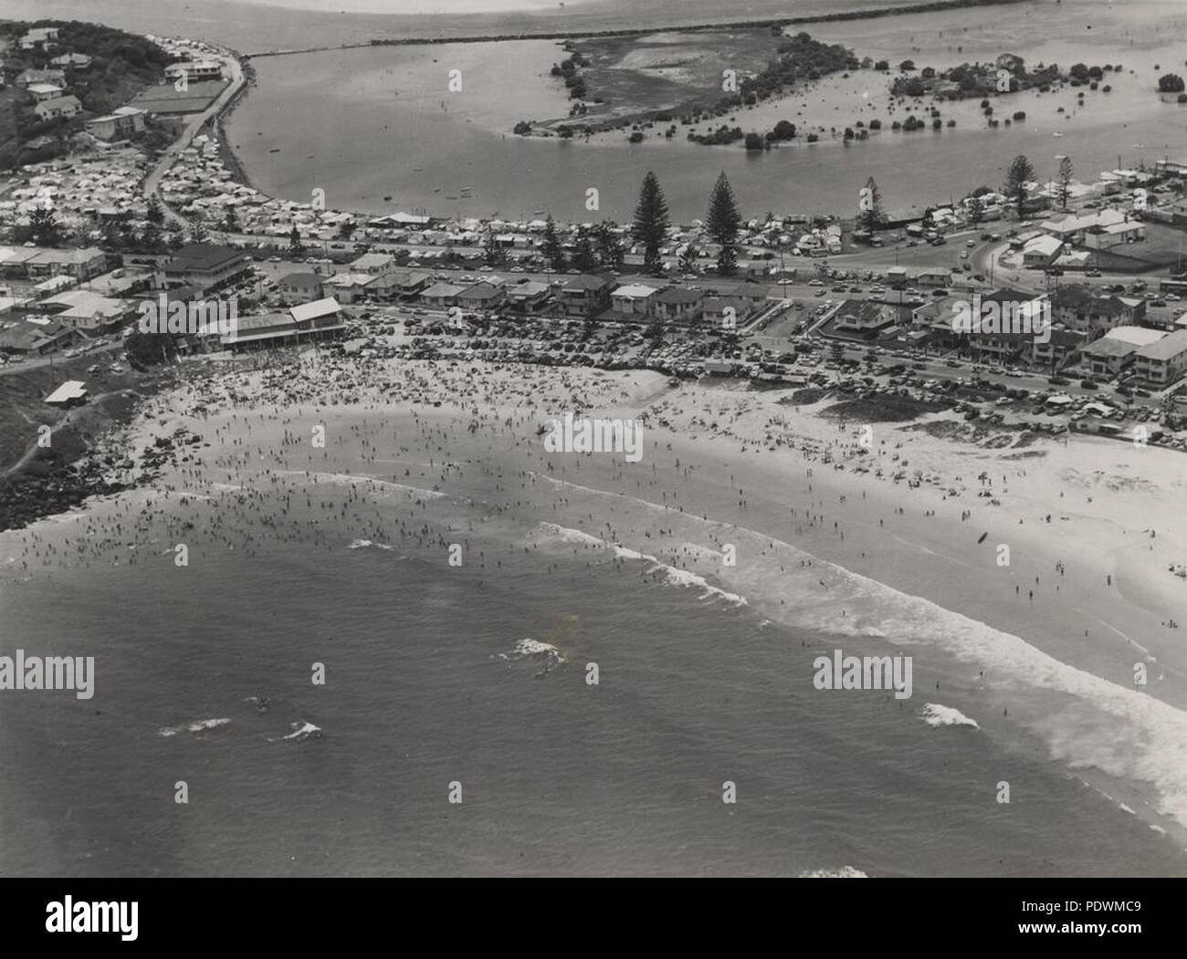 257 StateLibQld 1 253554 Greenmount Beach and Tweed River from the air, Gold Coast, ca. 1955 Stock Photo