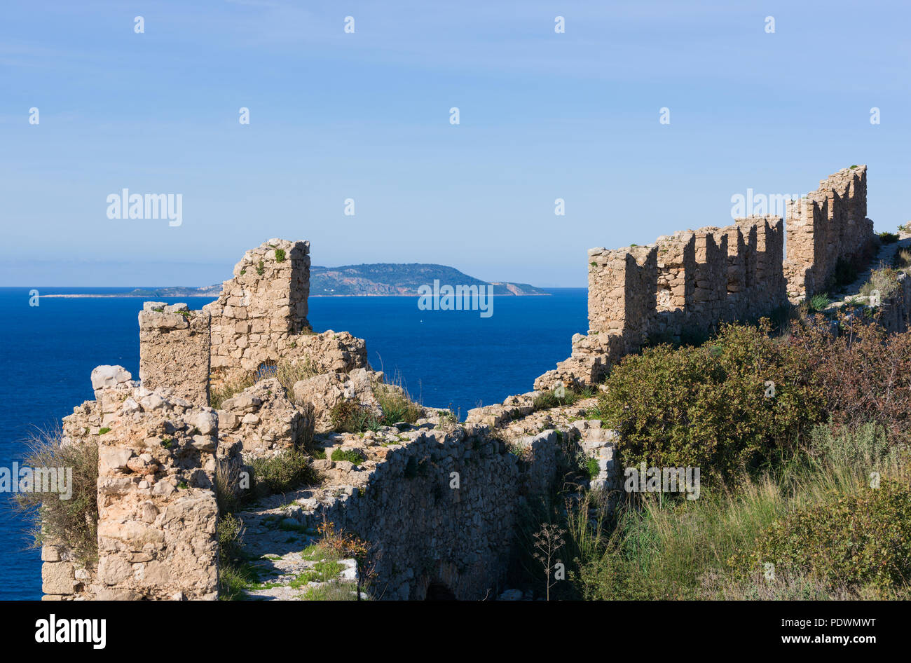 Old Navarino Castle looking over the Pylos bay in Gialova, Peloponnese, Greece. Stock Photo