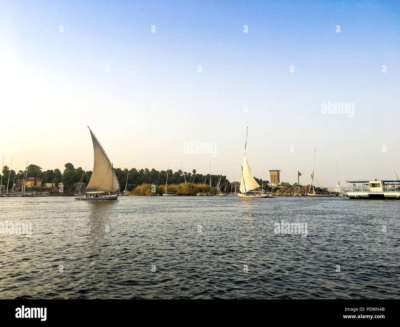 Scenic view of the Nile River during Sunset, Aswan Egypt Stock Photo ...