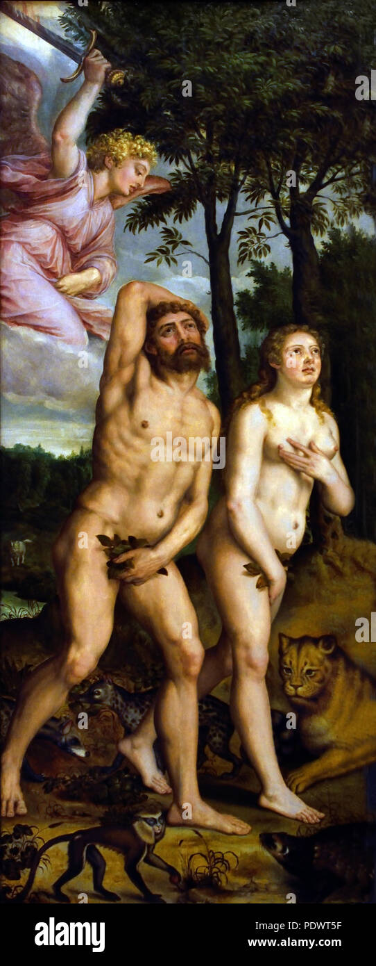 Expulsion from paradise 16th Century Michiel Coxcie 1498 - 1592 ( Fall of Man, Adam and Eve, Garden of Eden, Paradise ) Italy, Italian. Stock Photo