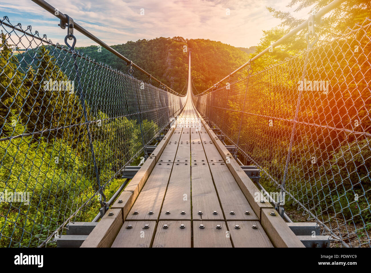 Suspension Footbridge in Mörsdorf Germany around sunrise Stock Photo