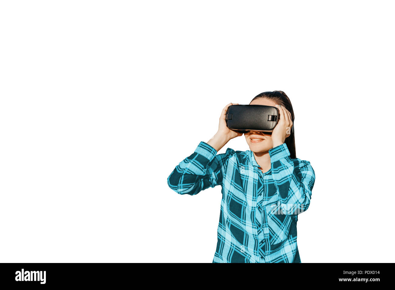 The woman with glasses of virtual reality isolated on white background ...