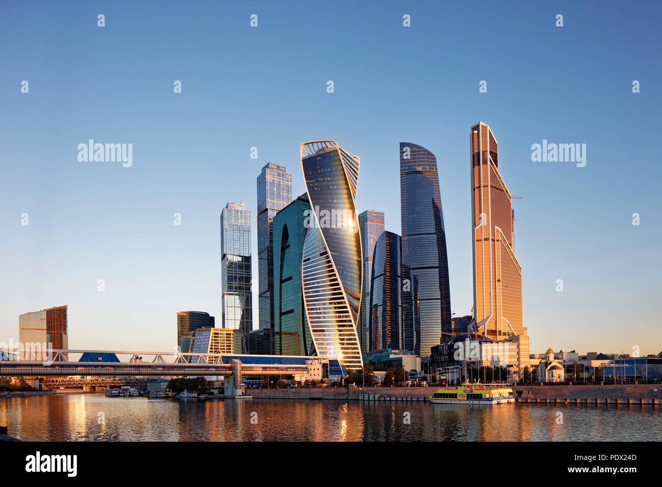 High rise buildings of Moscow International Business Centre (MIBC, or Moscow City) at sunrise. Moscow, Russia. Stock Photo