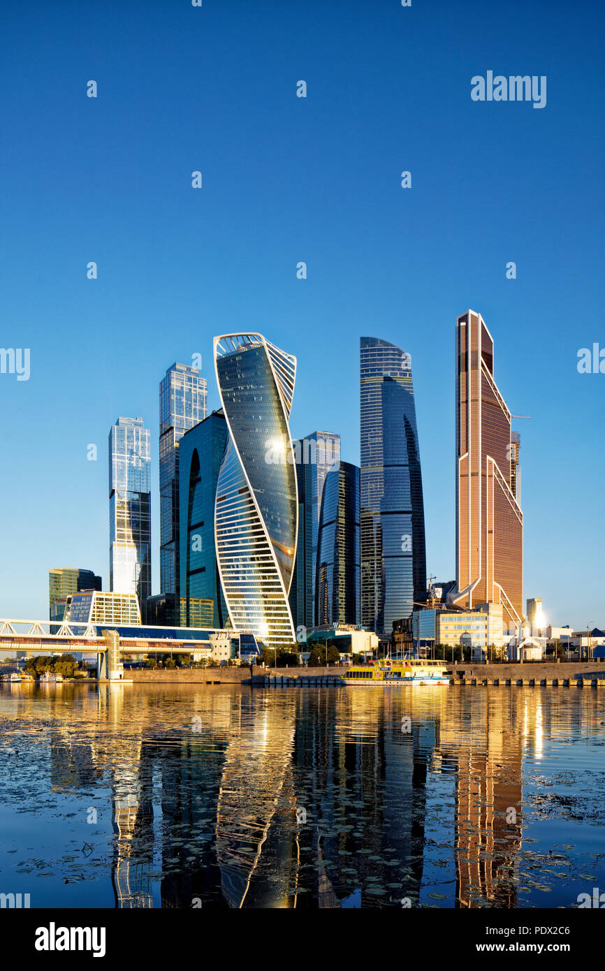 High rise buildings of Moscow International Business Centre (MIBC, or Moscow City) at sunrise. Moscow, Russia. Stock Photo