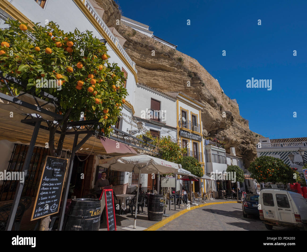 Street view of the beautiful white town in Sentenil de las Bodegas, Spain Stock Photo