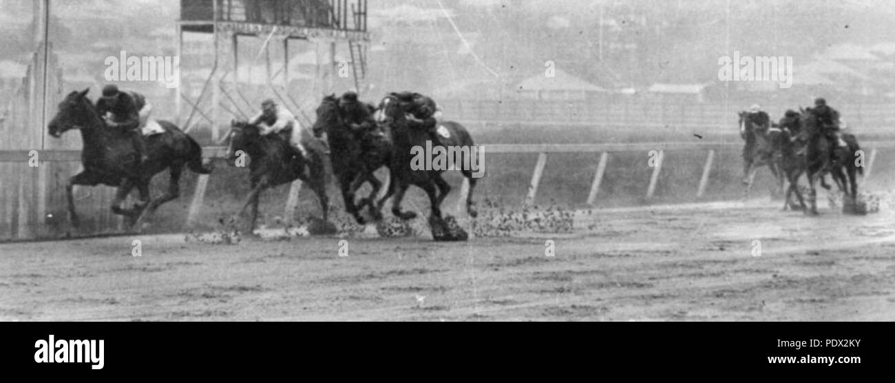 244 StateLibQld 1 182207 Amy Winifred wins on a very heavy track at Albion Park, Brisbane, 1931 Stock Photo