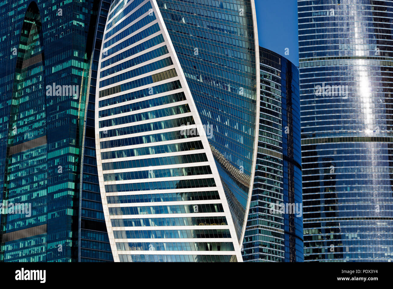 Close up of high-rise buildings at Moscow International Business Centre (MIBC), also known as “Moscow City'. Moscow, Russia. Stock Photo