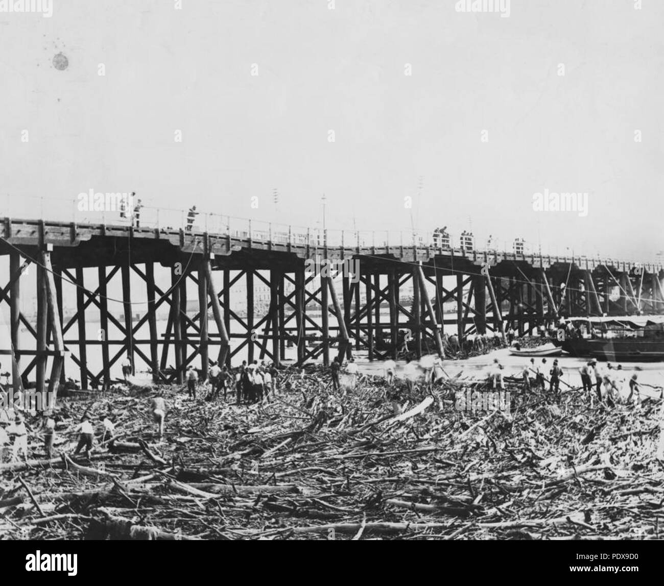 276 StateLibQld 1 89404 Workers below Victoria Bridge, cleaning up debris after the flood, Brisbane, 1896 Stock Photo