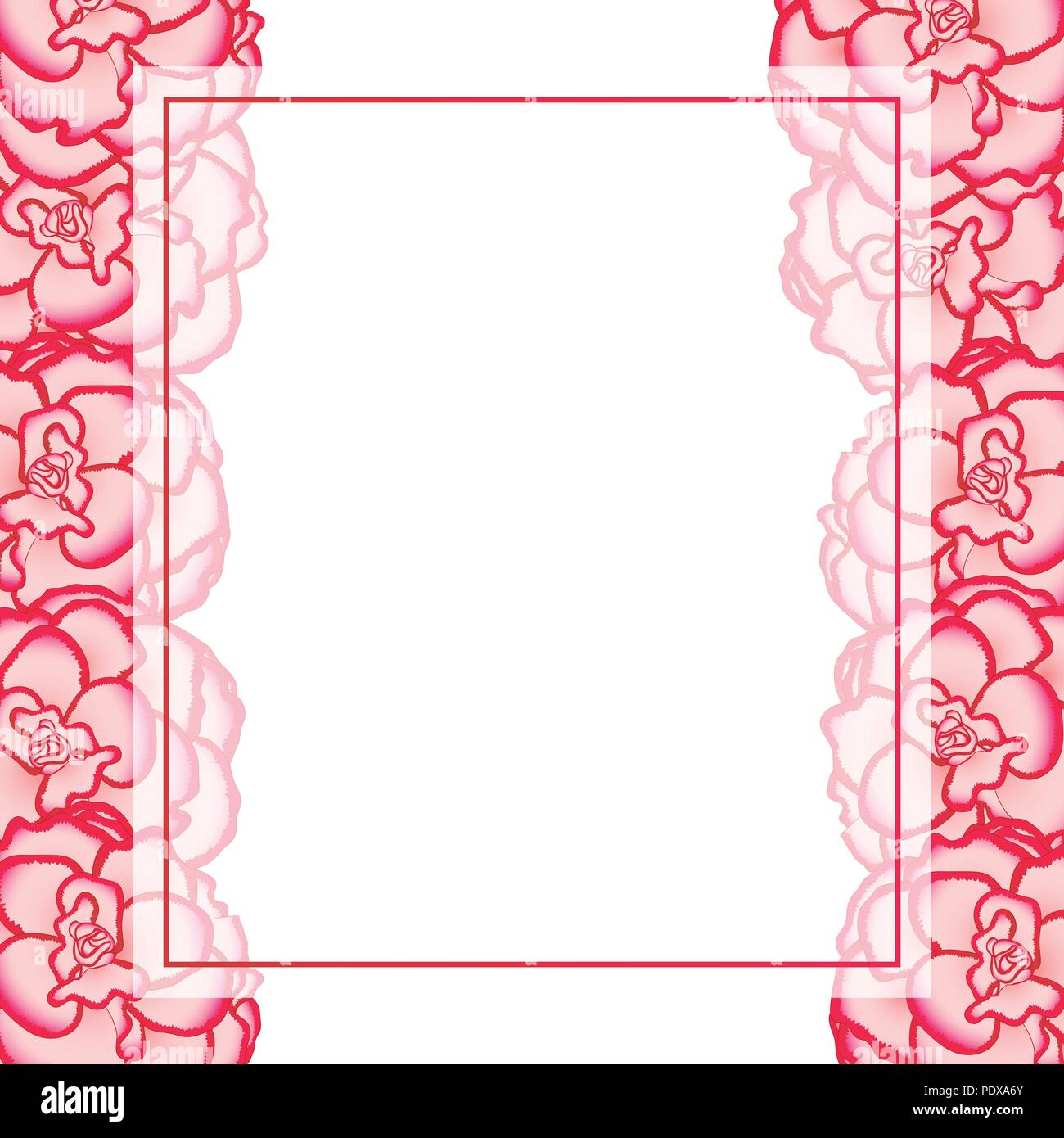 Pink Begonia Flower, Picotee First Love Banner Card Border. Vector Illustration. Stock Vector