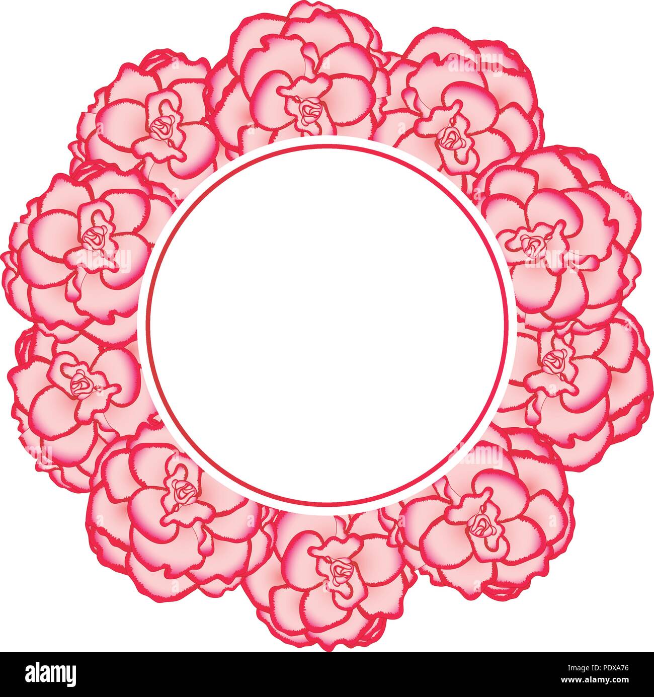 Pink Begonia Flower, Picotee First Love Banner Wreath. Vector Illustration. Stock Vector