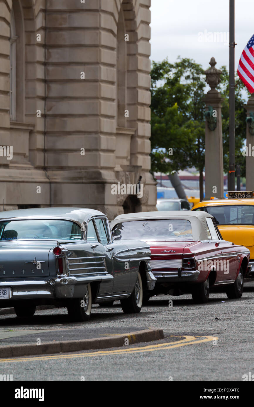 Classic American cars on a film set, shot in Liverpool UK, based on