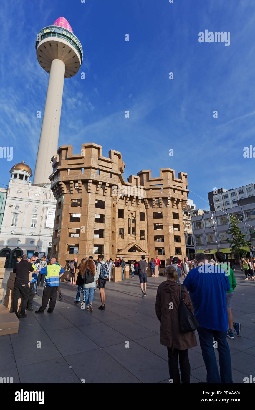 Liverpool's lost castles being built entirely from cardboard boxes. Stock Photo