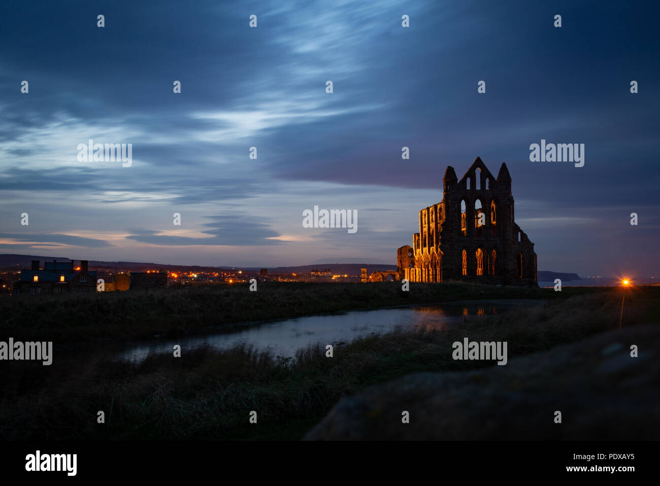 Whitby Abbey at night, North Yorkshire, UK Stock Photo