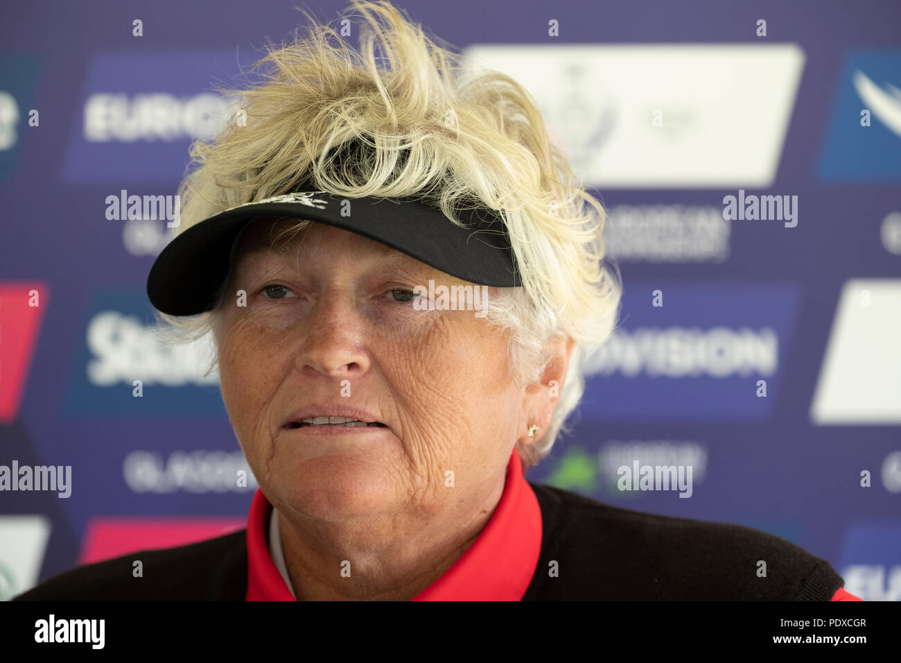 Gleneagles, Scotland, UK; 10 August, 2018.  Day three of European Championships 2018 competition at Gleneagles. Men's and Women's Team Championships Round Robin Group Stage. Four Ball Match Play format.  Pictured; Great Britain's Dame Laura Davies in post match press meeting. GB beat Belgium 4 and 2. Credit: Iain Masterton/Alamy Live News Stock Photo