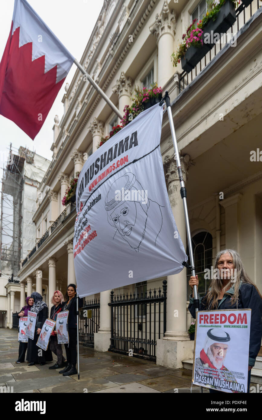 London, UK. 10th August 2018. A vigil by Inminds Islamic human rights organisation outside the Bahrain embassy calls for the immediate release of Hassan Mushaima and all the other 5000 Bahraini prisoners of conscience languishing in the Al-Khalifa regimes jails. Credit: Peter Marshall/Alamy Live News Stock Photo