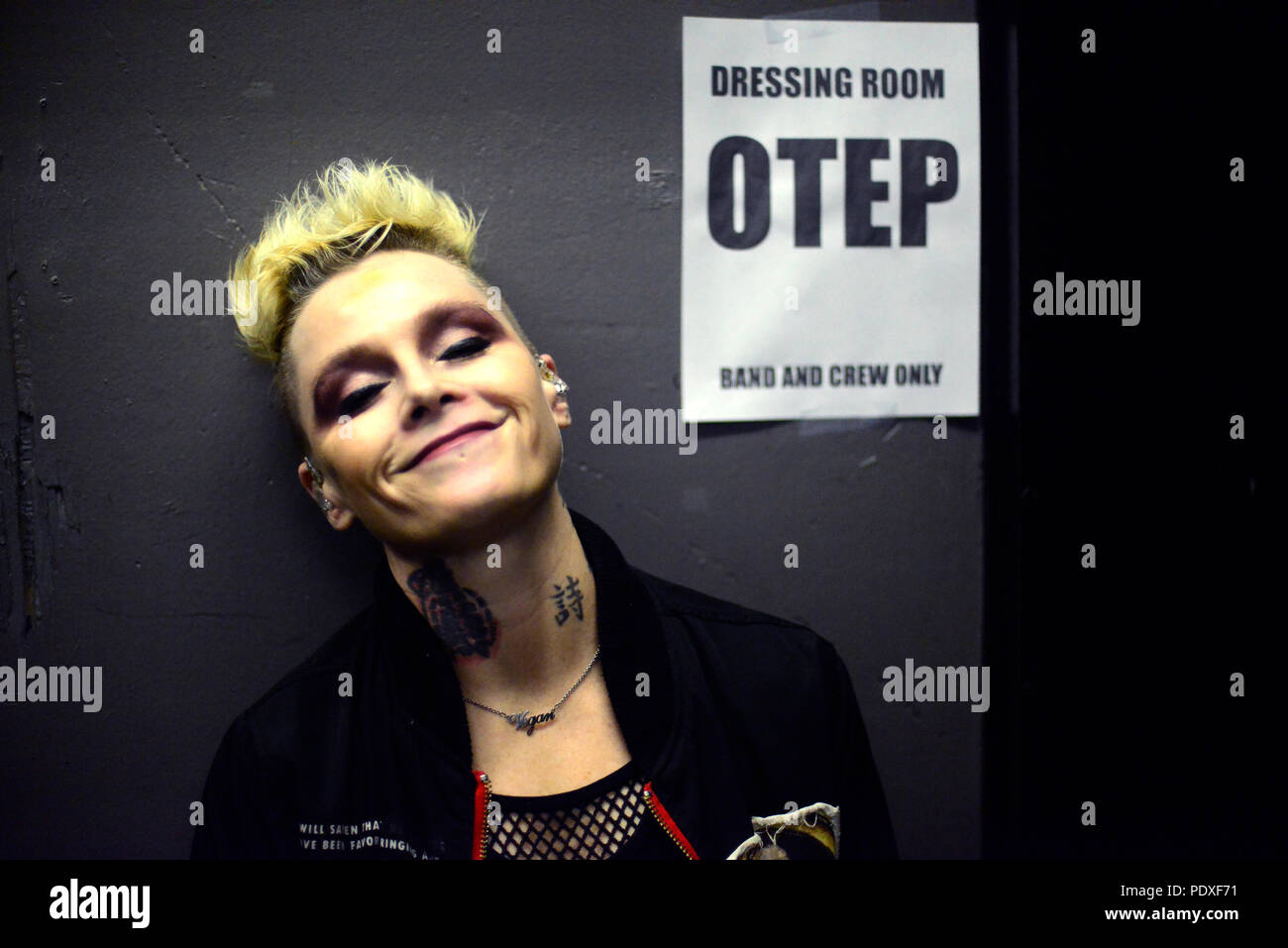 West Hollywood, CA, USA. 8th Aug, 2018. Musician - OTEP SHANAYA lead vocalist for OTEP at The Whisky A Go Go, West Hollywood, California, USA, August 8, 2018. OTEP is a Los Angeles based heavy metal band that integrates rap metal, new metal, alternative metal into their sound. OTEP is an anagram for poet. Otep Shamaya descibes the bands sound as, ''art house nu-metal.'' .Image Credit cr Scott Mitchell/ZUMA Press Credit: Scott Mitchell/ZUMA Wire/Alamy Live News Stock Photo