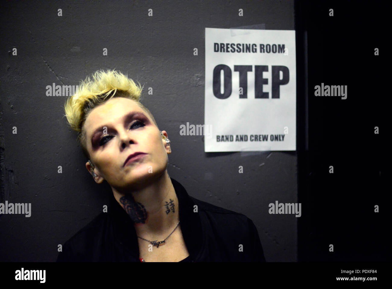 West Hollywood, CA, USA. 8th Aug, 2018. Musician - at The Whisky A Go Go, West Hollywood, California, USA, August 8, 2018. OTEP is a Los Angeles based heavy metal band that integrates rap metal, new metal, alternative metal into their sound. OTEP is an anagram for poet. Otep Shamaya descibes the bands sound as, ''art house nu-metal.'' .Image Credit cr Scott Mitchell/ZUMA Press Credit: Scott Mitchell/ZUMA Wire/Alamy Live News Stock Photo