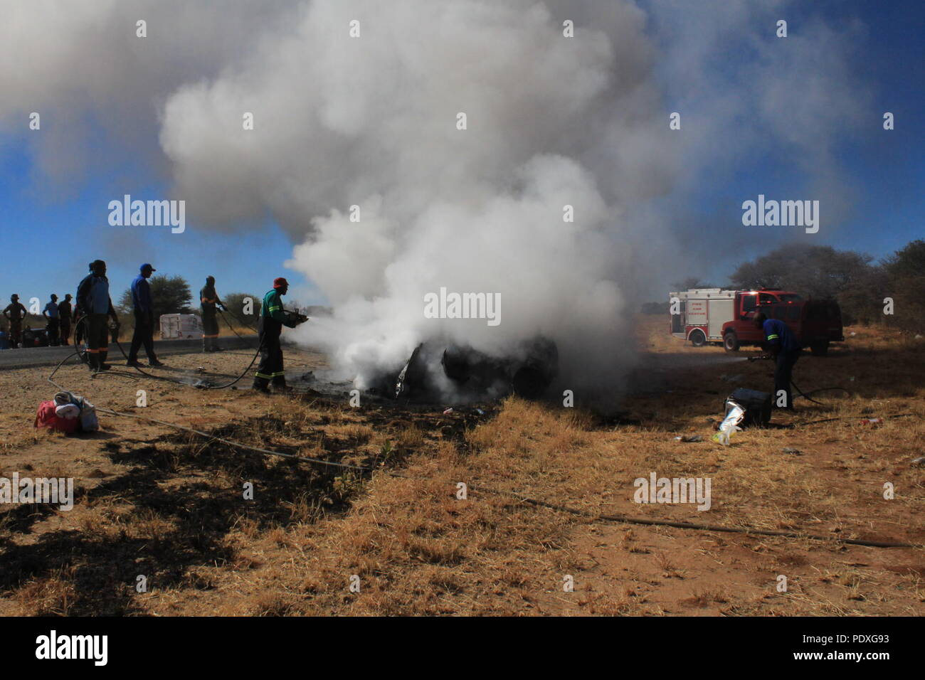 Windhoek. 10th Aug, 2018. The Otjiwarongo Municipality fire brigade puts out the fire on two
