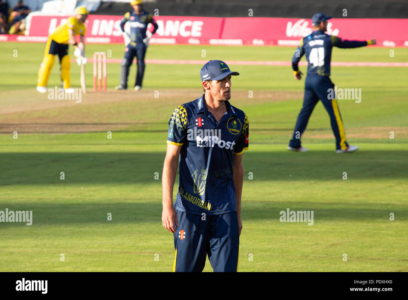 Sophia Gardens, Cardiff, Wales, United Kingdom. Glamorgan hosted Hampshire for a crunch game in the Vitality Blast 20/20 Cricket South Group Stage on 10 August 2018 at Sophia Gardens in Cardiff. Pictured: MG Hogan of Glamorgan. Credit: Rob Watkins/Alamy Live News Stock Photo