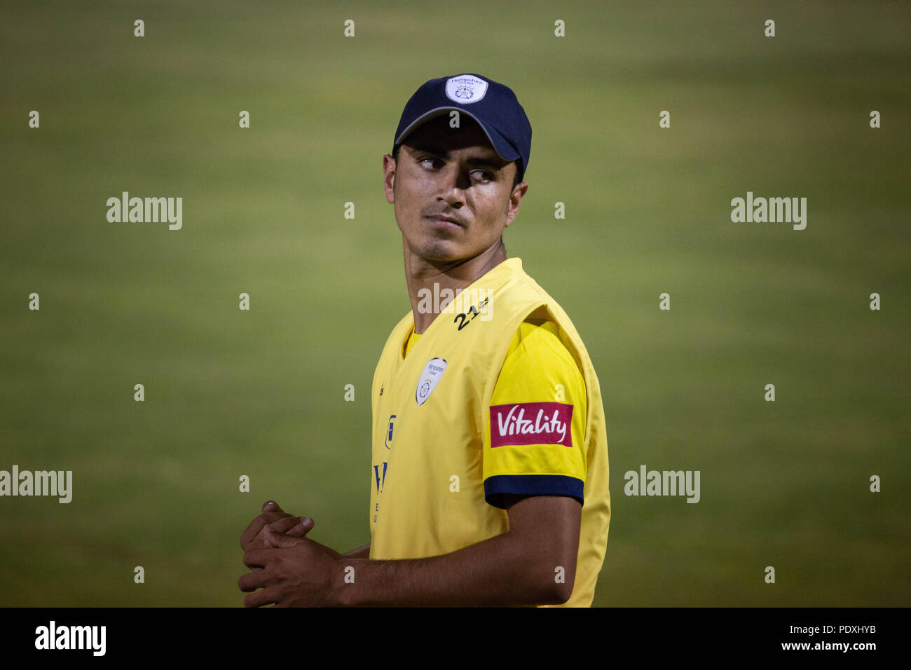 Sophia Gardens, Cardiff, Wales, United Kingdom. Glamorgan hosted Hampshire for a crunch game in the Vitality Blast 20/20 Cricket South Group Stage on 10 August 2018 at Sophia Gardens in Cardiff. Pictured: Hampshire's 17-year-old Afghan mystery spinner Mujeeb Ur Rahman. Credit: Rob Watkins/Alamy Live News Stock Photo