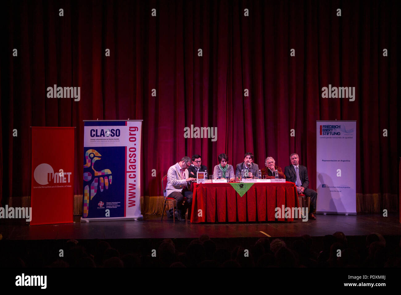 Buenos Aires, Federal Capital, Argentina. 10th Aug, 2018. Several political leaders from Latin America debated at the Teatro El Globo in Buenos Aires, in the framework of the presentation of the book ''Latinoamerica Piensa'' by NicolÃ¡s Trotta, Rector of the Metropolitan University for Education and Labor, the challenges of the popular field and the left in a context of democratic crisis.The appointment was attended by the former president of Uruguay and current Senator, José Pepe Mujica; the National Deputy Felipe SolÃ¡; Manuela D'Avila, Brazilian legislator and possible candidate for th Stock Photo
