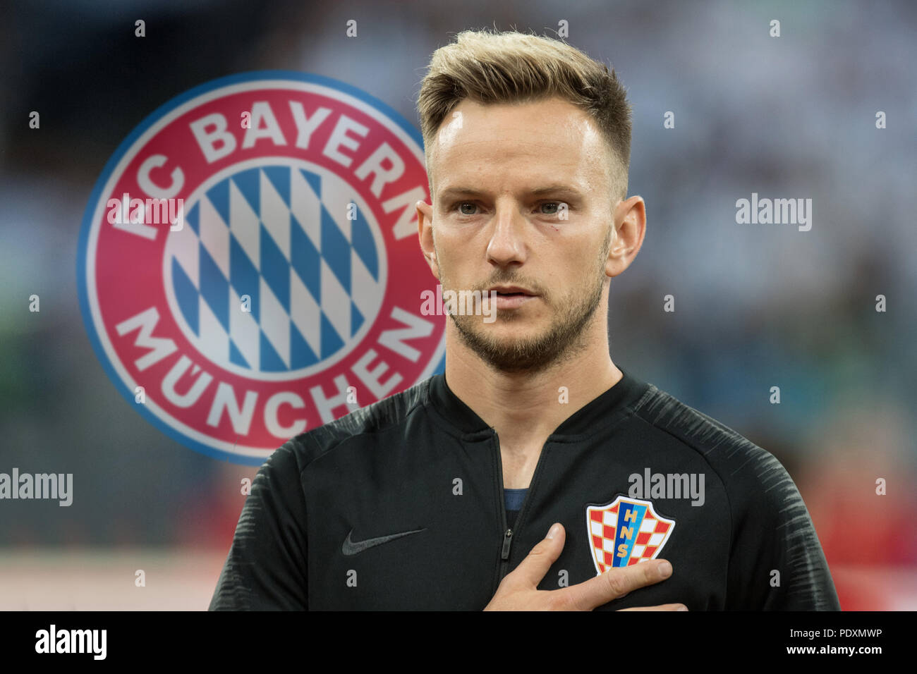Nizhny Novgorod, Russland. 11th Aug, 2018. FOTOMONTAGE: Spanish media: FC Bayern Munich wants Ivan RAKITIC from FC Barcelona. Archive photo; Ivan RAKITIC (CRO) sings the national anthem with, singing, Presentation, PrvÉssssentation, Line up, Lineup, Half-length portrait, Argentina (ARG) - Croatia (CRO) 0: 3, Preliminary Round, Group D, Match 23, on 21.06. 2018 in Moscow; Football World Cup 2018 in Russia from 14.06. - 15.07.2018. vÇ¬ | usage worldwide Credit: dpa/Alamy Live News Stock Photo