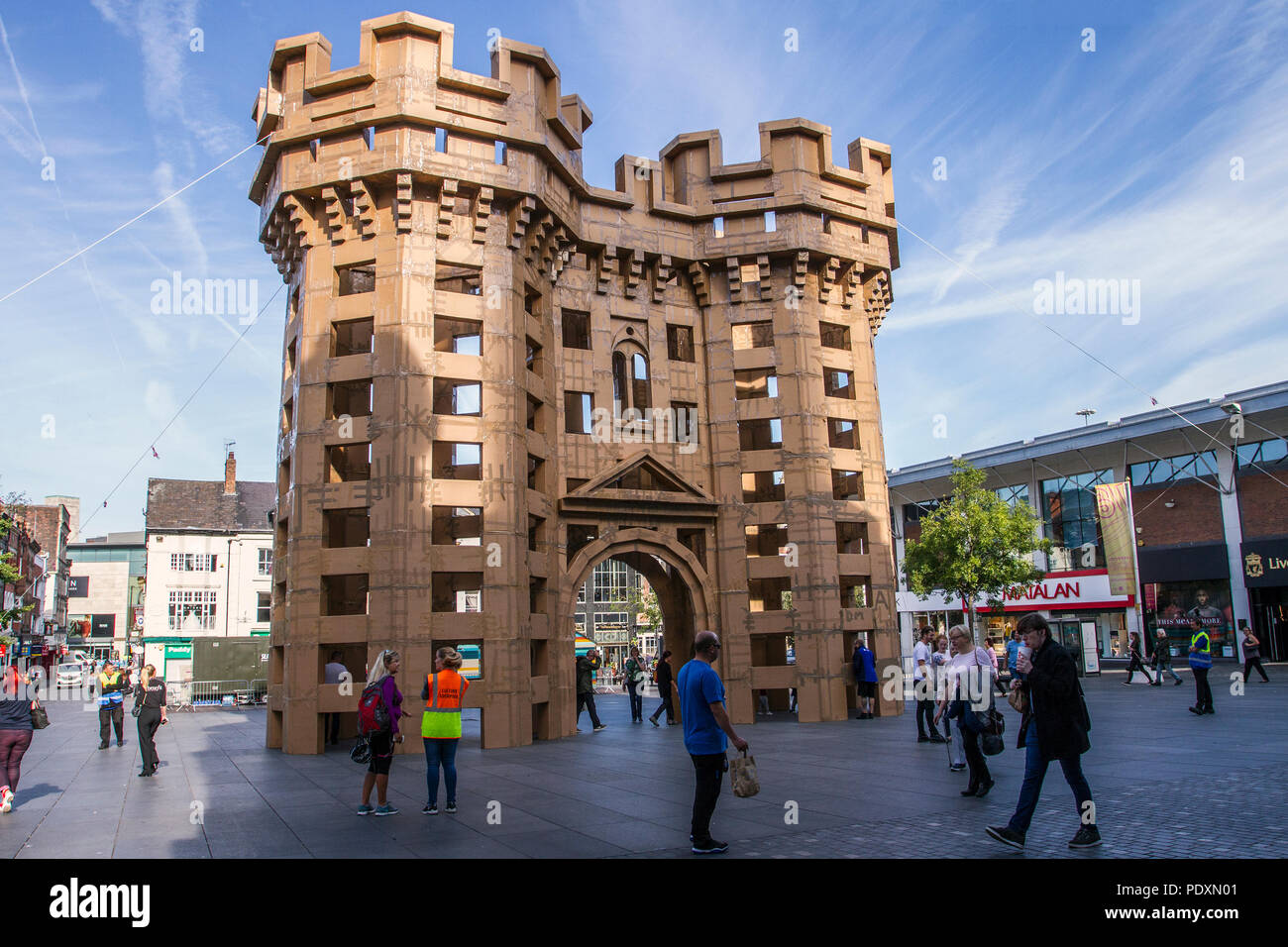 Upcycled cardboard Models, Turrets & Towers in Liverpool, Merseyside, UK  11th August, 2019 'Gigantic Lost Castles' French artist Olivier Grossetête  responds to the Liverpool City Region's architectural heritage with  extraordinary medieval masterpiece