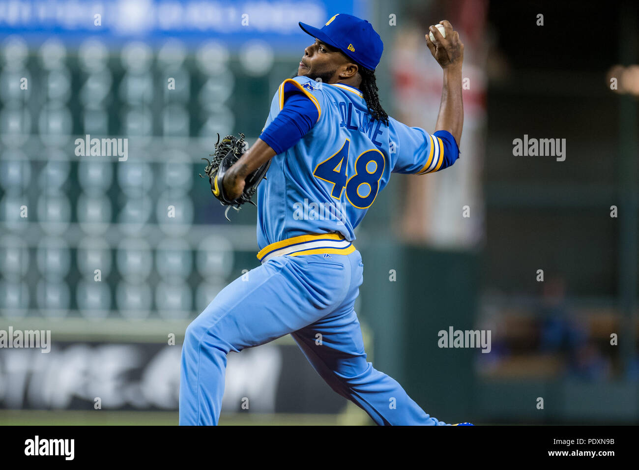 August 10, 2018: Seattle Mariners relief pitcher Alex Colome (48) pitches during a Major League Baseball game between the Houston Astros and the Seattle Mariners on 1970s night at Minute Maid Park in Houston, TX. The Mariners won the game 5 to 2.Trask Smith/CSM Stock Photo