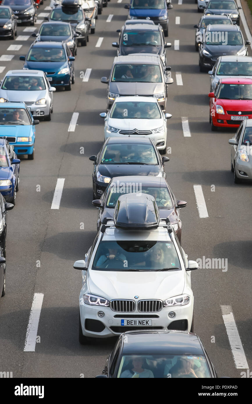 Zargreb, Croatia, August 11th, 2018 : Big traffic jam due to the large number of tourists going to the sea coast of Croatia in the Lucko highway toll in Zagreb, Croatia. Credit: Goran Jakuš/Alamy Live News Stock Photo