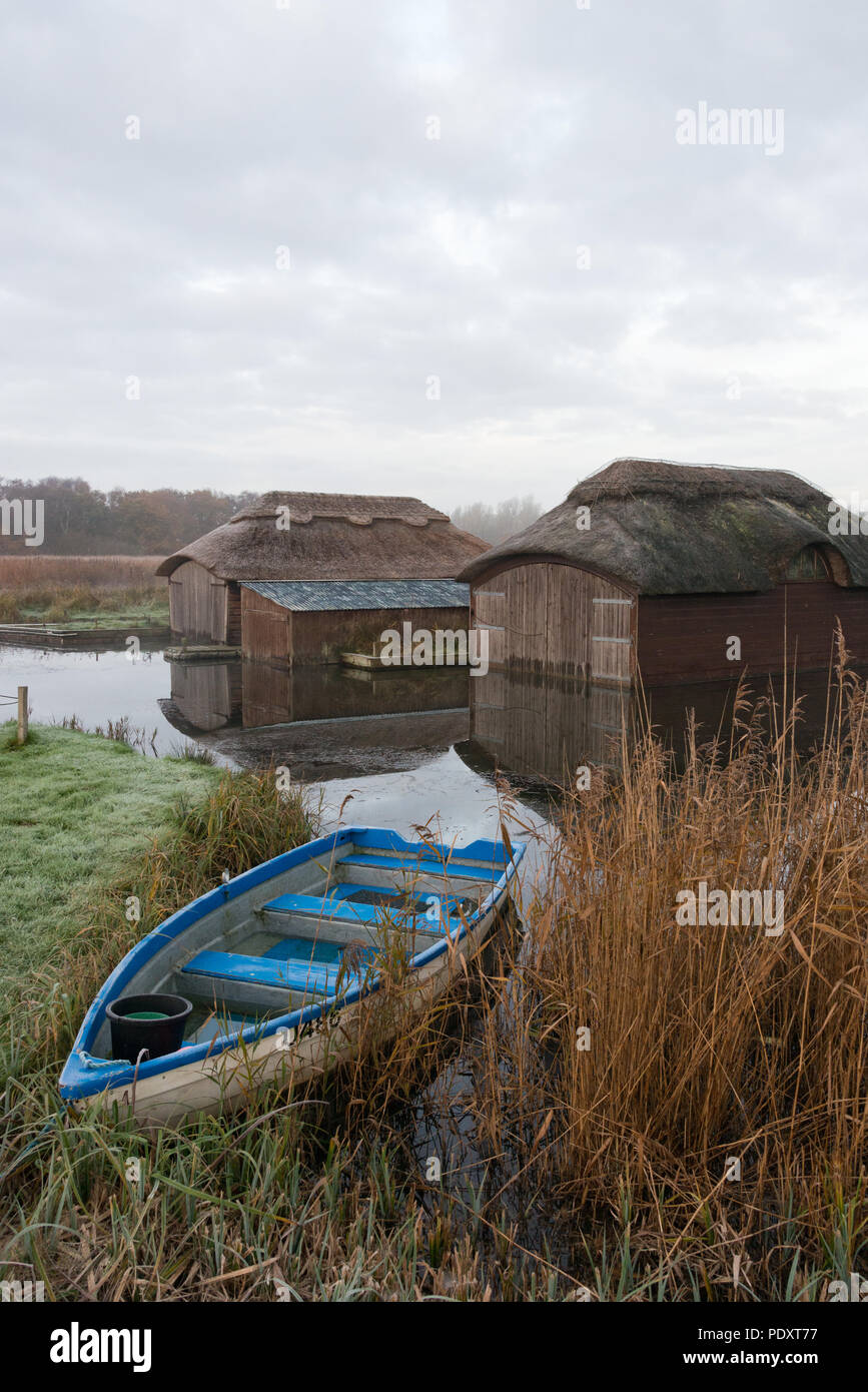 Thatched boat houses on Hickling Broad, Norfolk Stock Photo Alamy