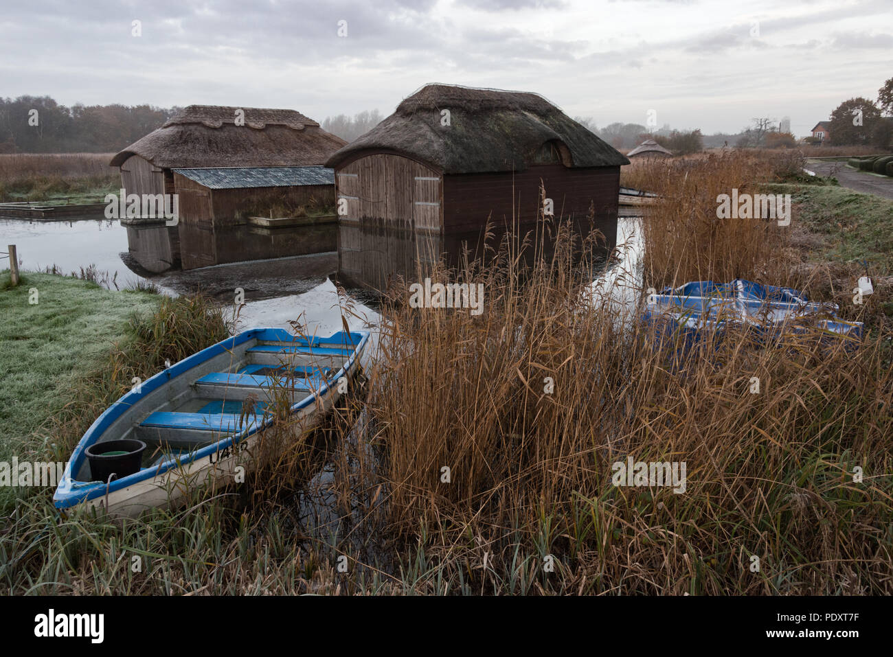 Thatched boat houses on Hickling Broad, Norfolk Stock Photo Alamy