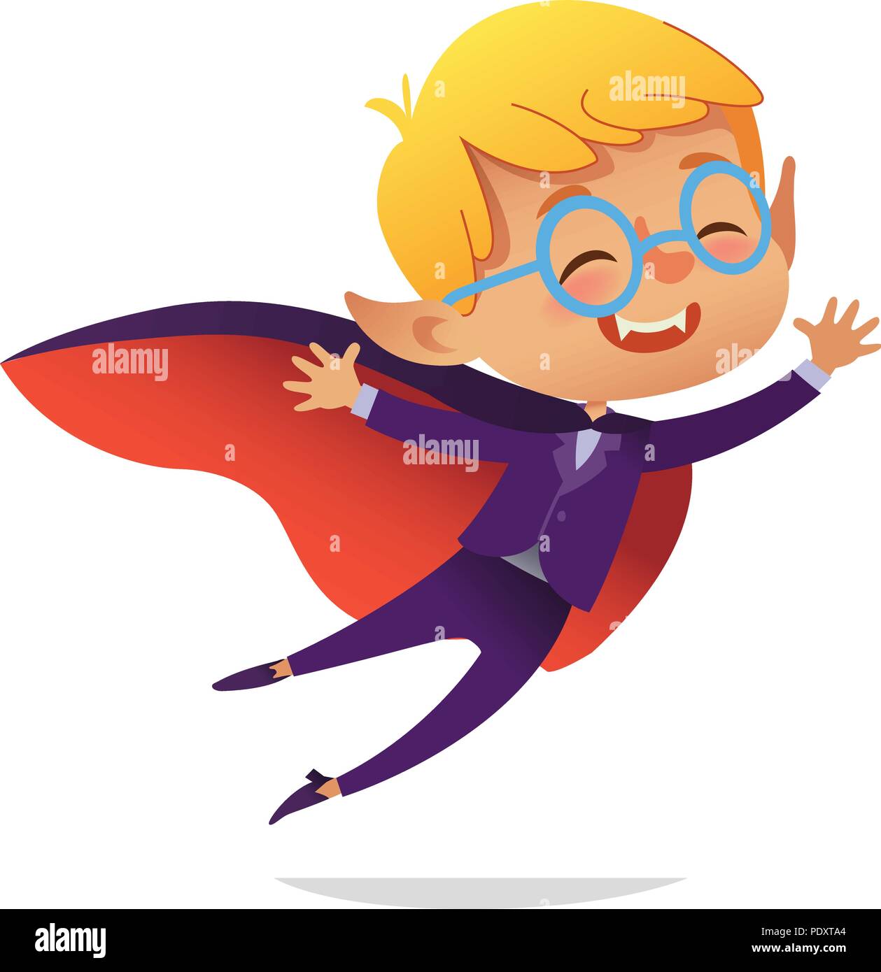 Kids Costume Party. Dracula Vampire Boy in Halloween devil costume laughing and flying. Cartoon vector Character for party, invitations, web, mascot. Isolated Stock Vector