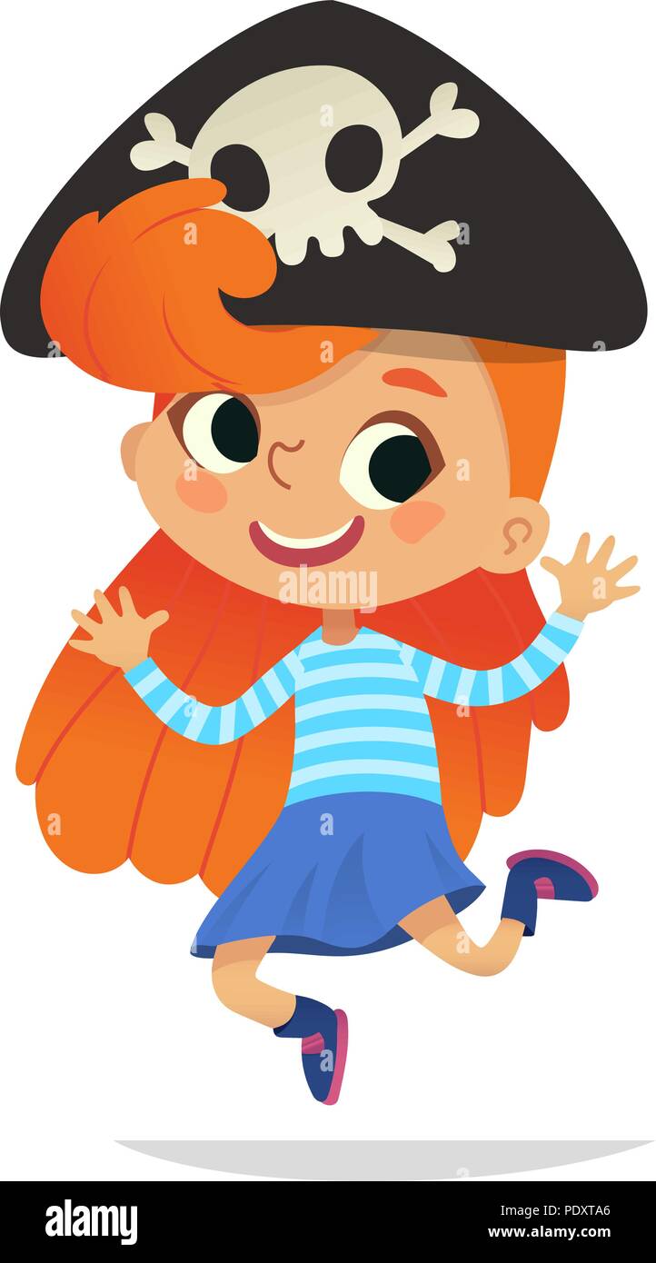 Redhead wearing cocked hat with the skull dancing little pirate. Girl kid in Halloween costume dancing and laughing. Vector. Character for Halloween party, invitations, web, mascot. Isolated Stock Vector