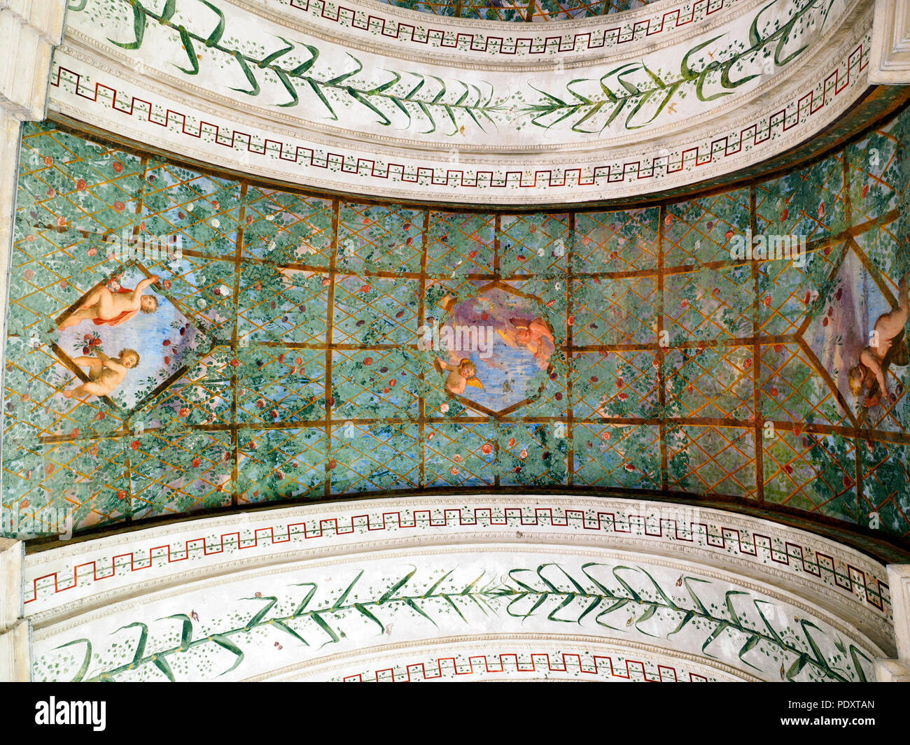 Ceilings in the  semi-circular portico loggia overlooking the interior courtyard of villa Giulia - National Etruscan Museum of Villa Giulia - Rome, Italy Stock Photo