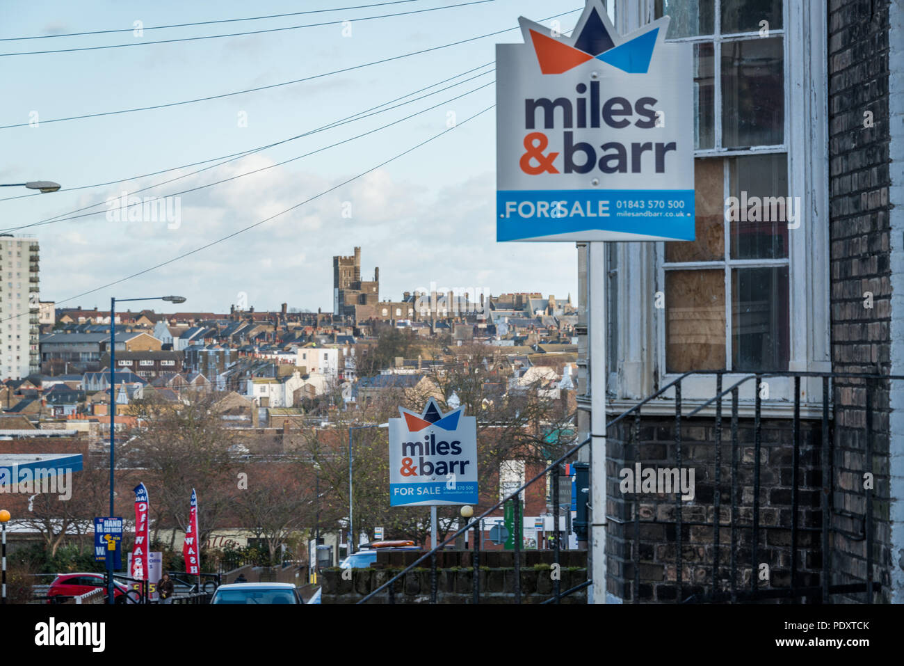 For Sale signs on buildings in Ramsgate, Kent Stock Photo